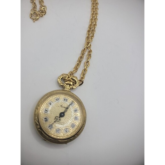 Vintage Arnex Watch Necklace Gold Tone Chain Incabloc Roman Numerals Hand Wound - Picture 5 of 11